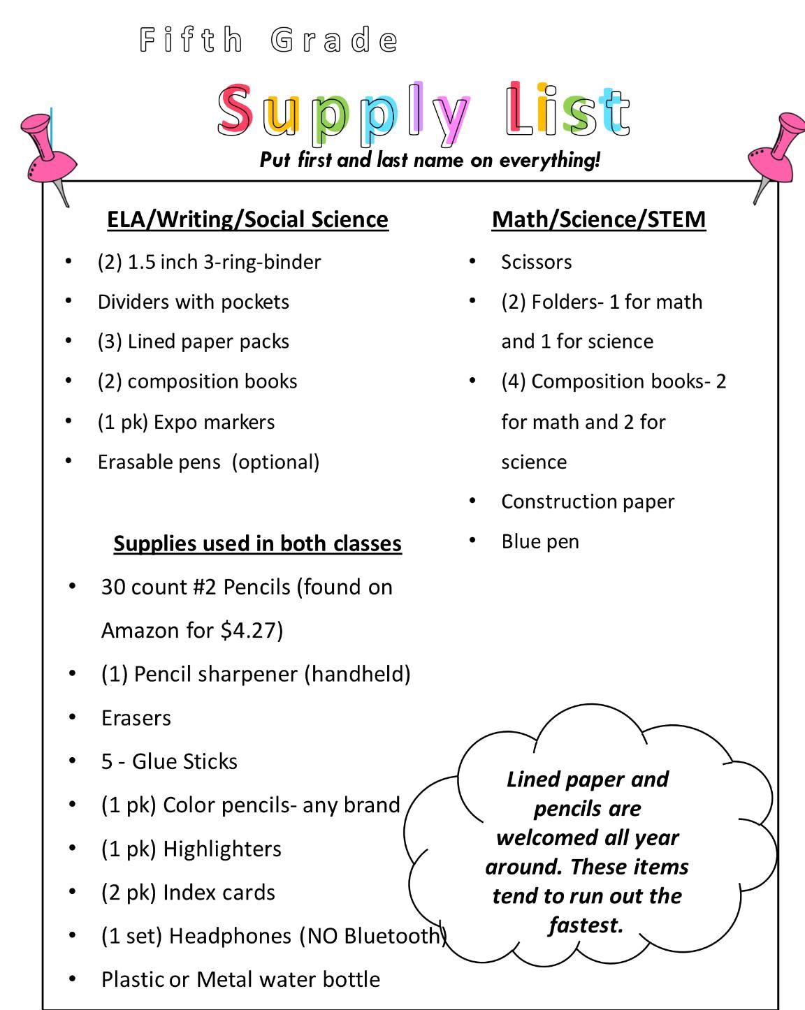 school supply list 5th supply list